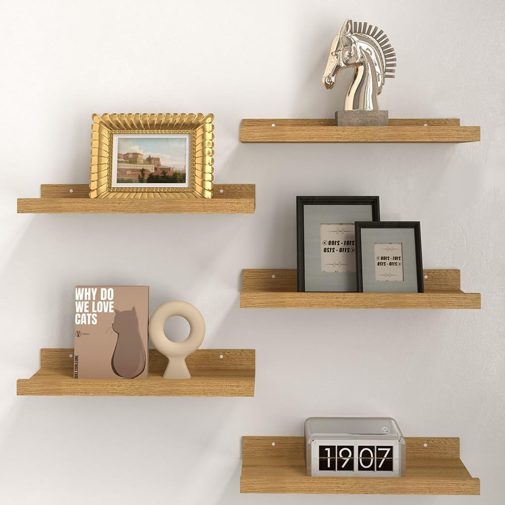Floating Shelves for Wall Decor - 5 Set Oak Storage Solution