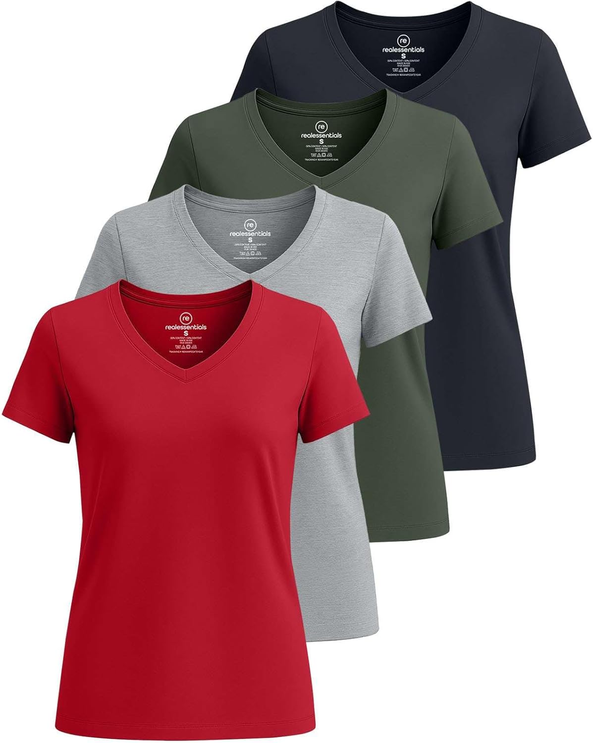 Real Essentials Women's Classic-Fit Cotton V-Neck T-Shirt 4 Pack