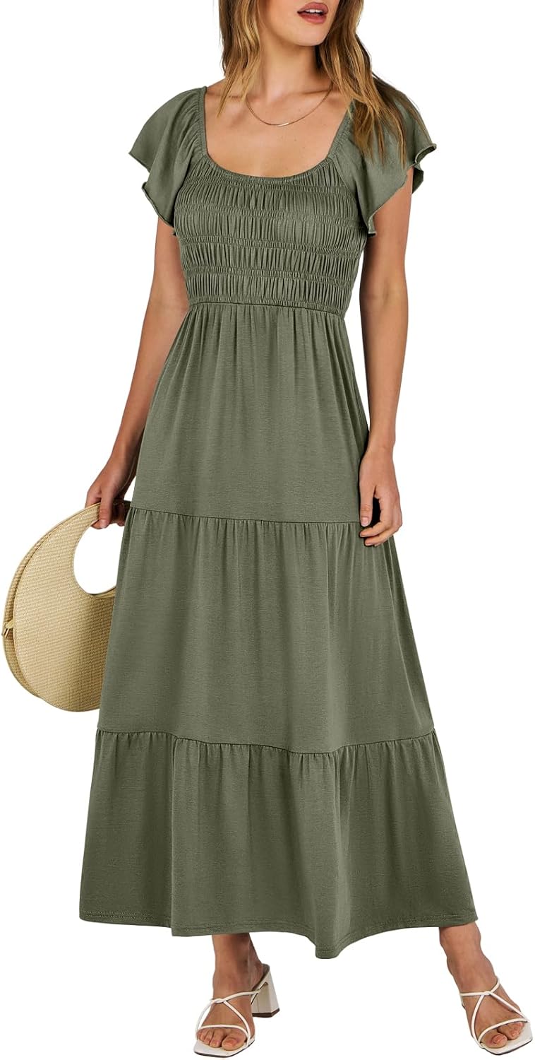 Womens Casual Summer Maxi Dress Flutter Short Sleeve A Line