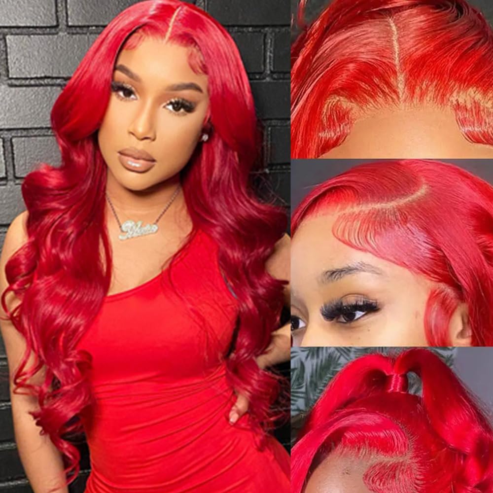 30 Inch Red Lace Front Wigs Human Hair Body Wave for Women