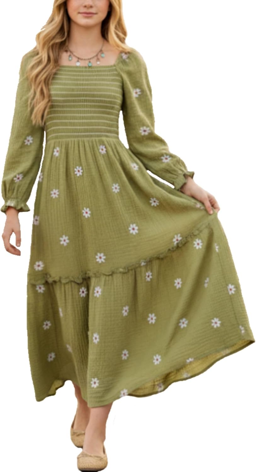Sunny Spirit Girls Dresses Winter Maxi Boho Floral Long Sleeves