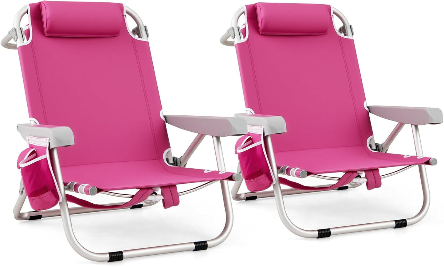 GYMAX 5-Position Backpack Beach Chair with Storage - Pink