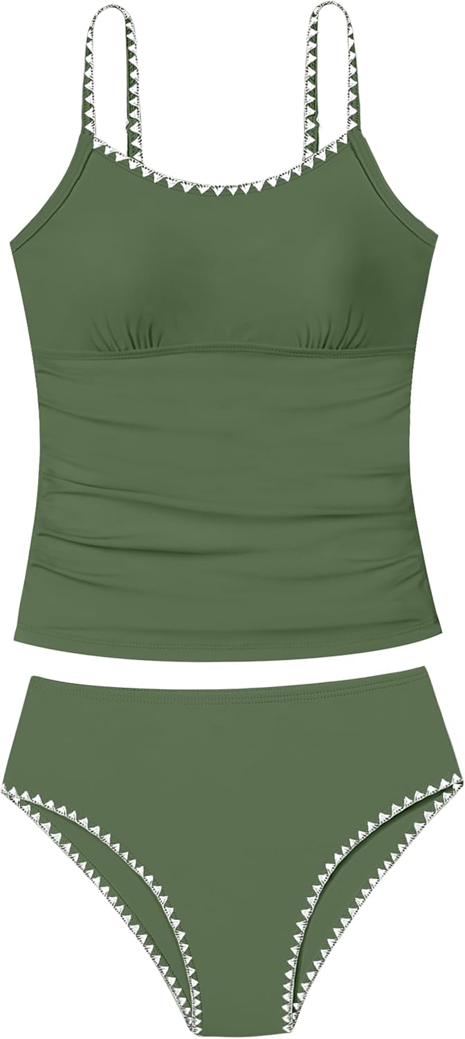 Girls Swimsuit Solid Color Tankini with Contrast Trim for Teens