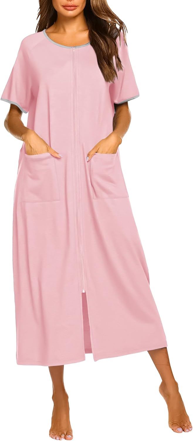 Ekouaer Women Robes Zipper Front Short Sleeve Full Length Housecoat