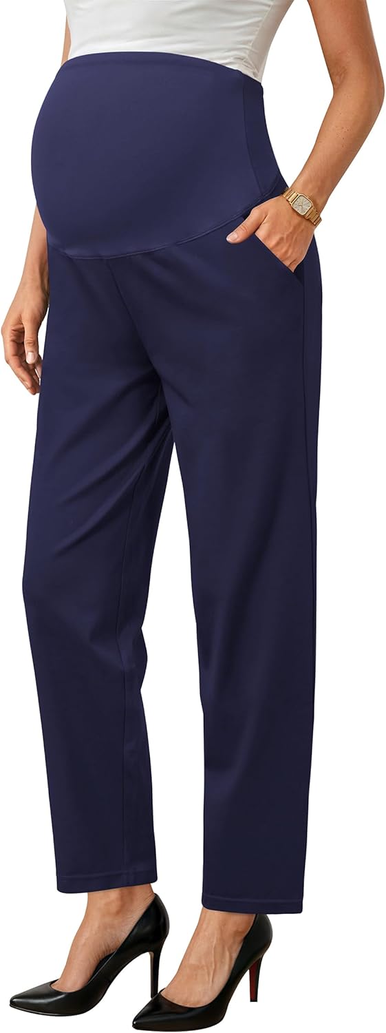 OUGES Womens Stretchy Maternity Over Belly Casual Pants
