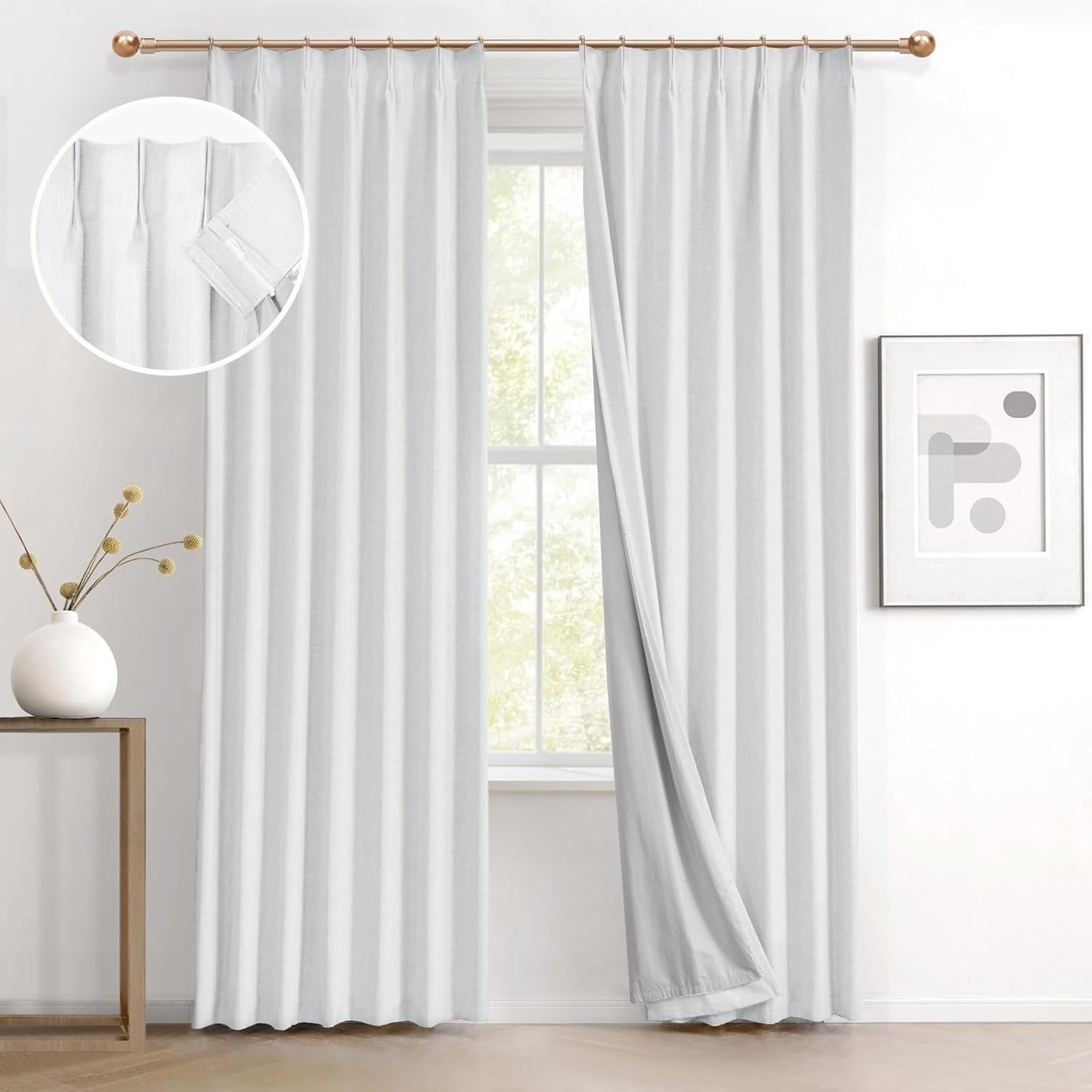 IVAPUPU Linen Pinch Pleated Full Blackout Curtains for Home