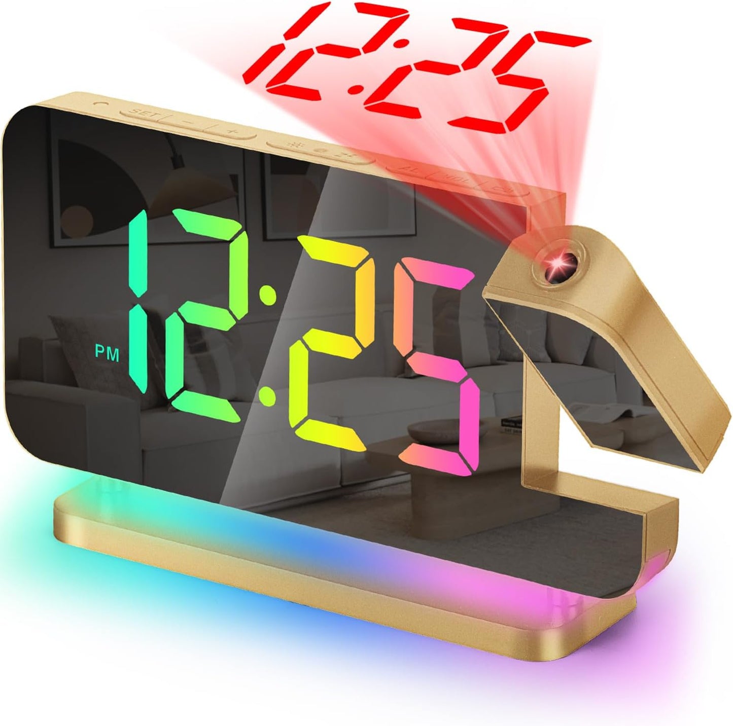 Poeroa Gold Projection Alarm Clock - 7.4 LED Display, RGB Night Light, 180 Rotatable Projector