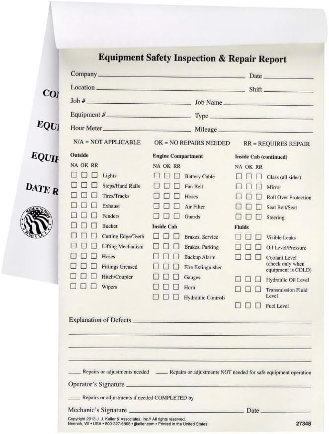 Equipment Safety Inspection Report 50-pk for Vehicle Maintenance