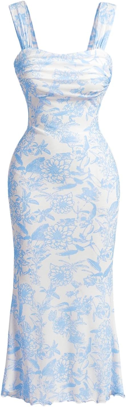 GORGLITTER Women's Floral Ruched Bodycon Midi Dress for Summer