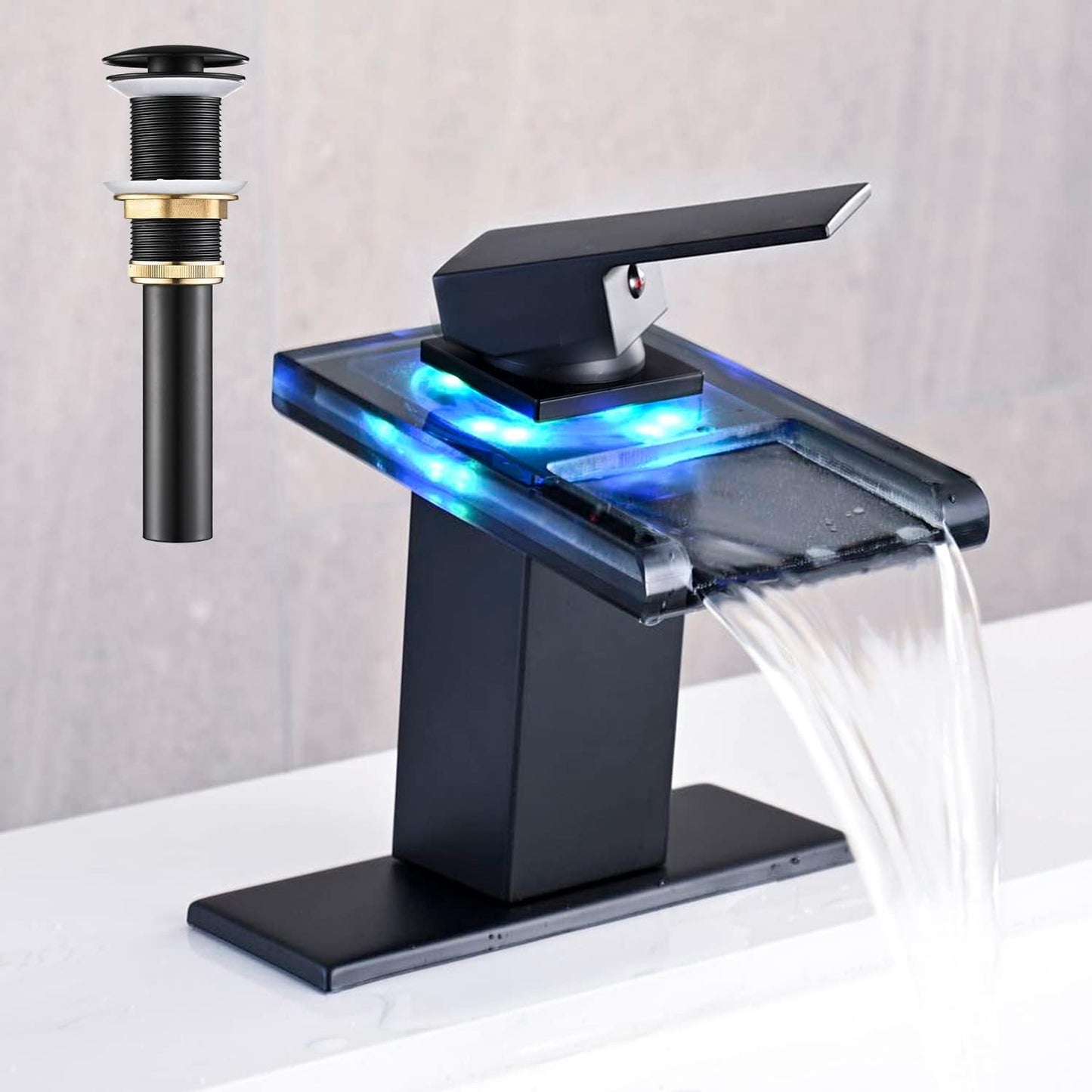 LED Bathroom Sink Faucet with Matte Black Waterfall Design