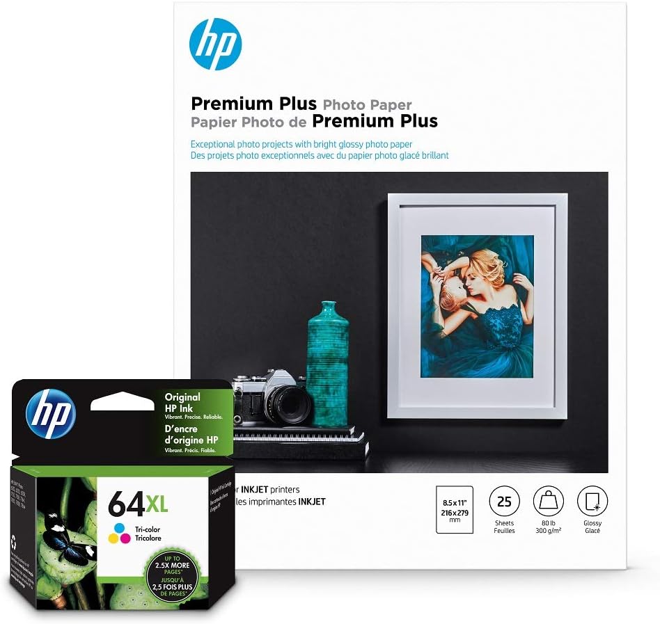 HP 64XL Tri-Color Inks & Premium Plus Photo Paper Bundle