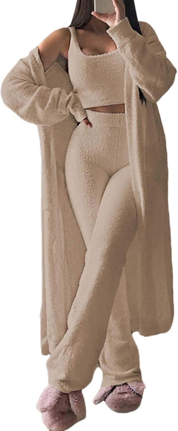 Fuzzy 3 Piece Sweatsuit Set for Women - Cozy Lounge Wear