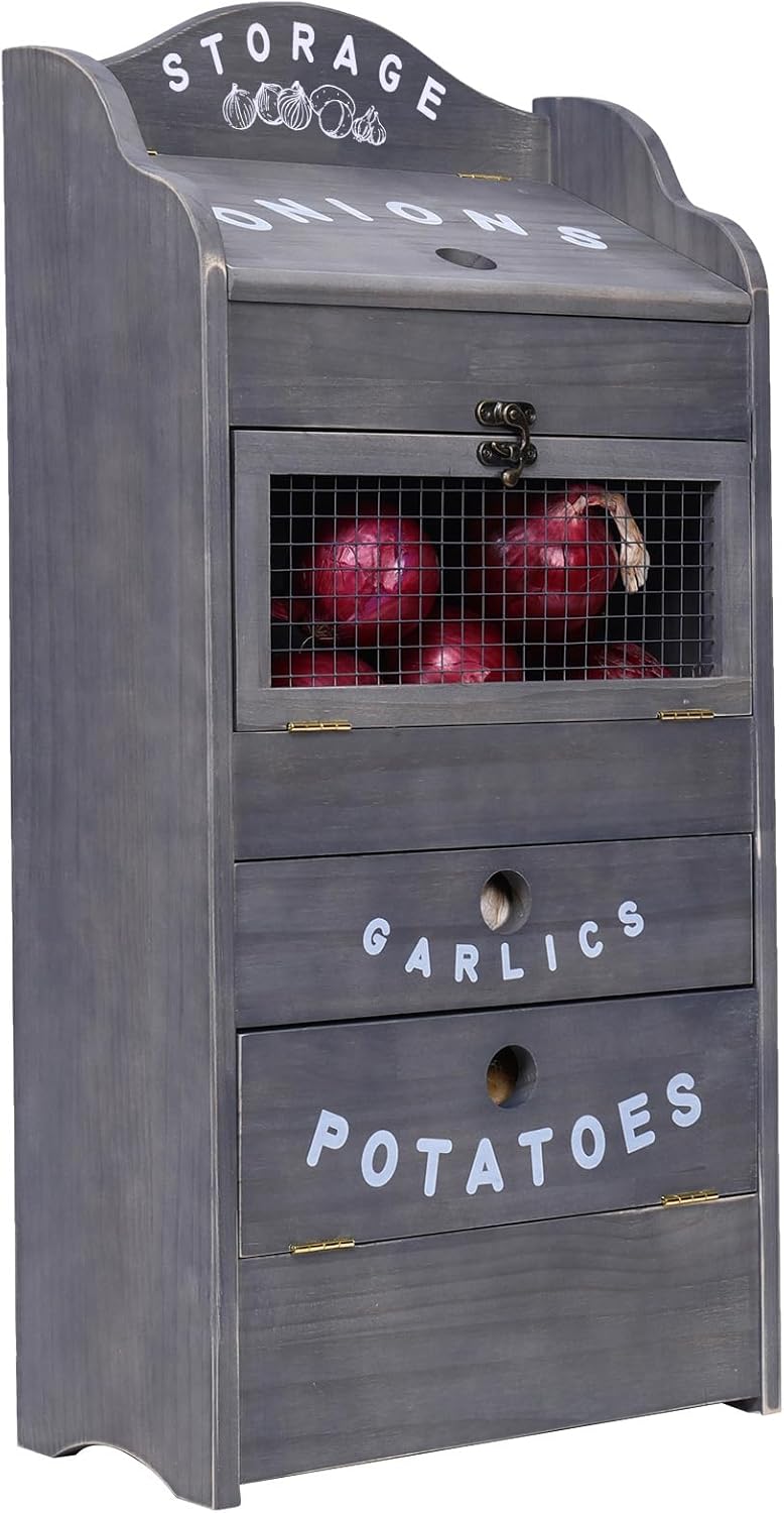Rustic Potato Storage Bin with Garlic Drawer for Kitchen Organization