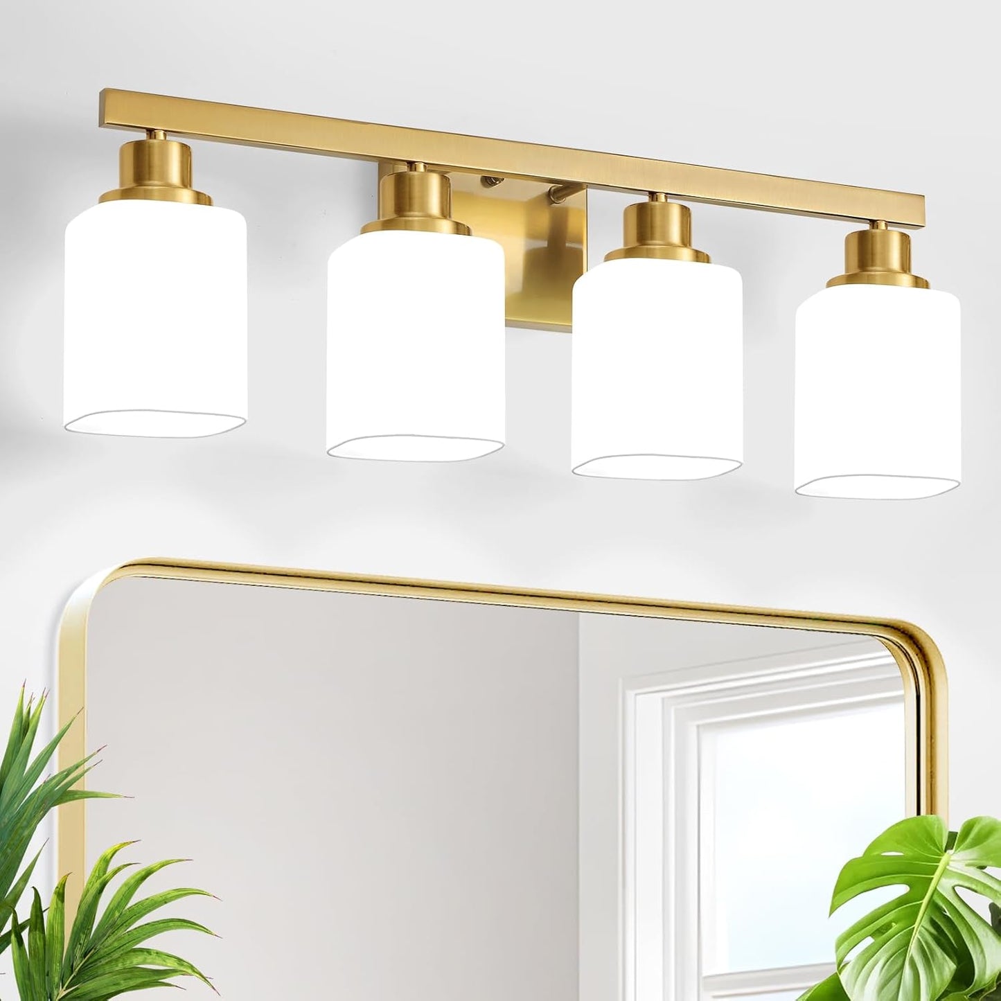 Brushed Gold Bathroom Vanity Light with Square Frosted Glass