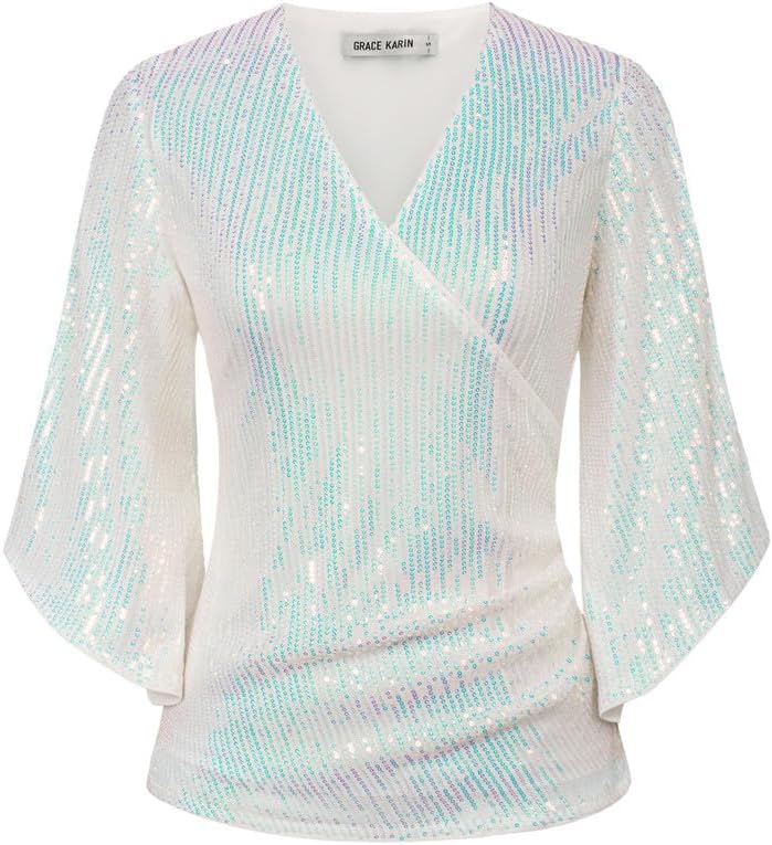 Sequin Sparkly Tops for Women - Dressy V-Neck Blouse