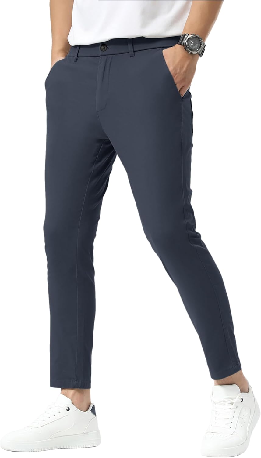Men's Slim Fit Khaki Pants Stretch Cropped Chino Skinny Style