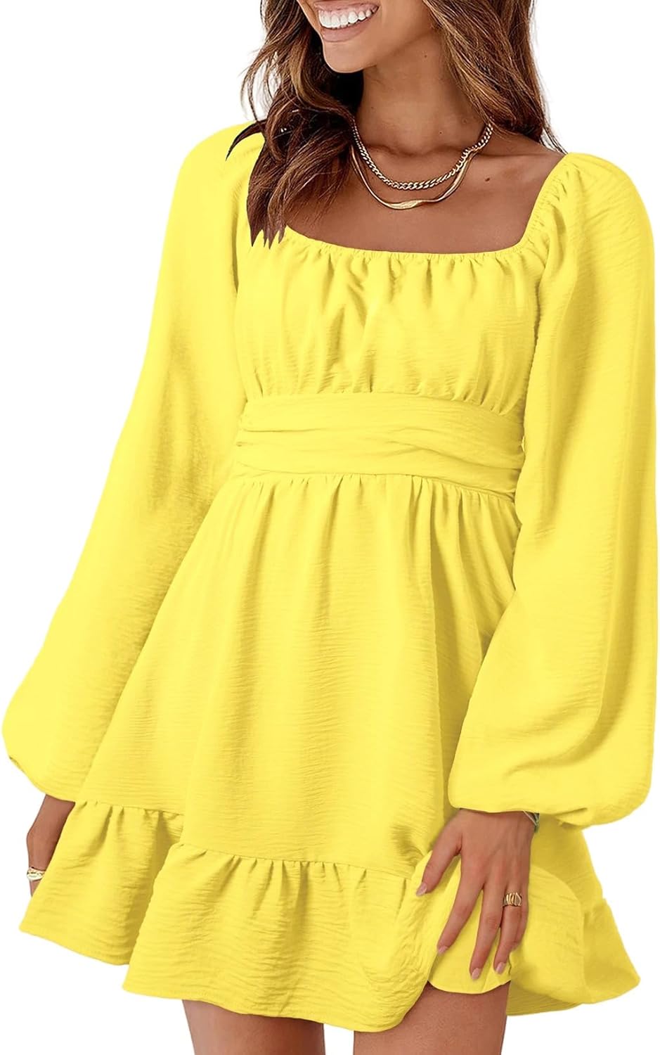 Dokotoo Womens Long Lantern Sleeve Square Neck Mini Dress