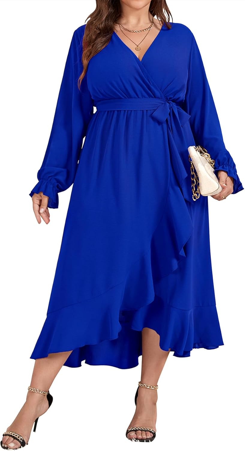 Plus Size Formal Dresses for Women - Long Sleeve Ruffle Maxi