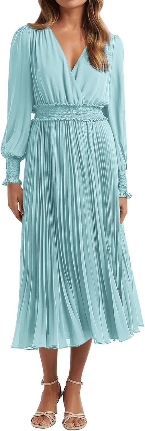 PRETTYGARDEN Womens Wrap V Neck Midi Dress for Any Occasion