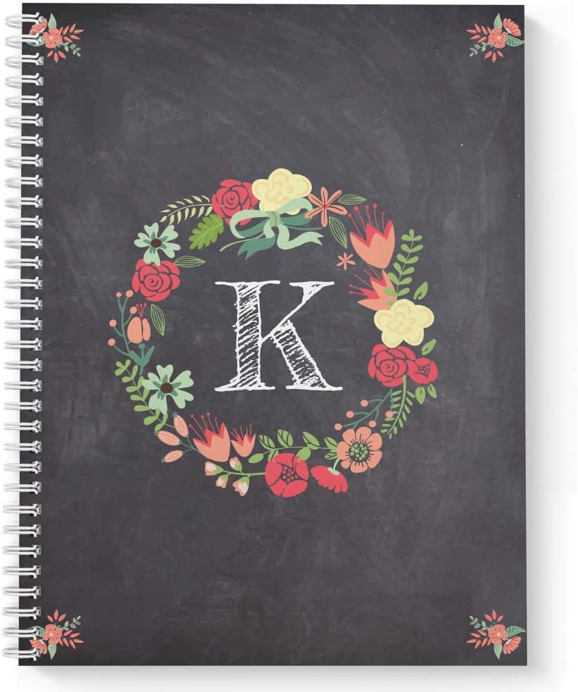 USA-Made Monogram K Floral Notebook, Lay Flat Spiral, Wide Ruled - 8.5x11