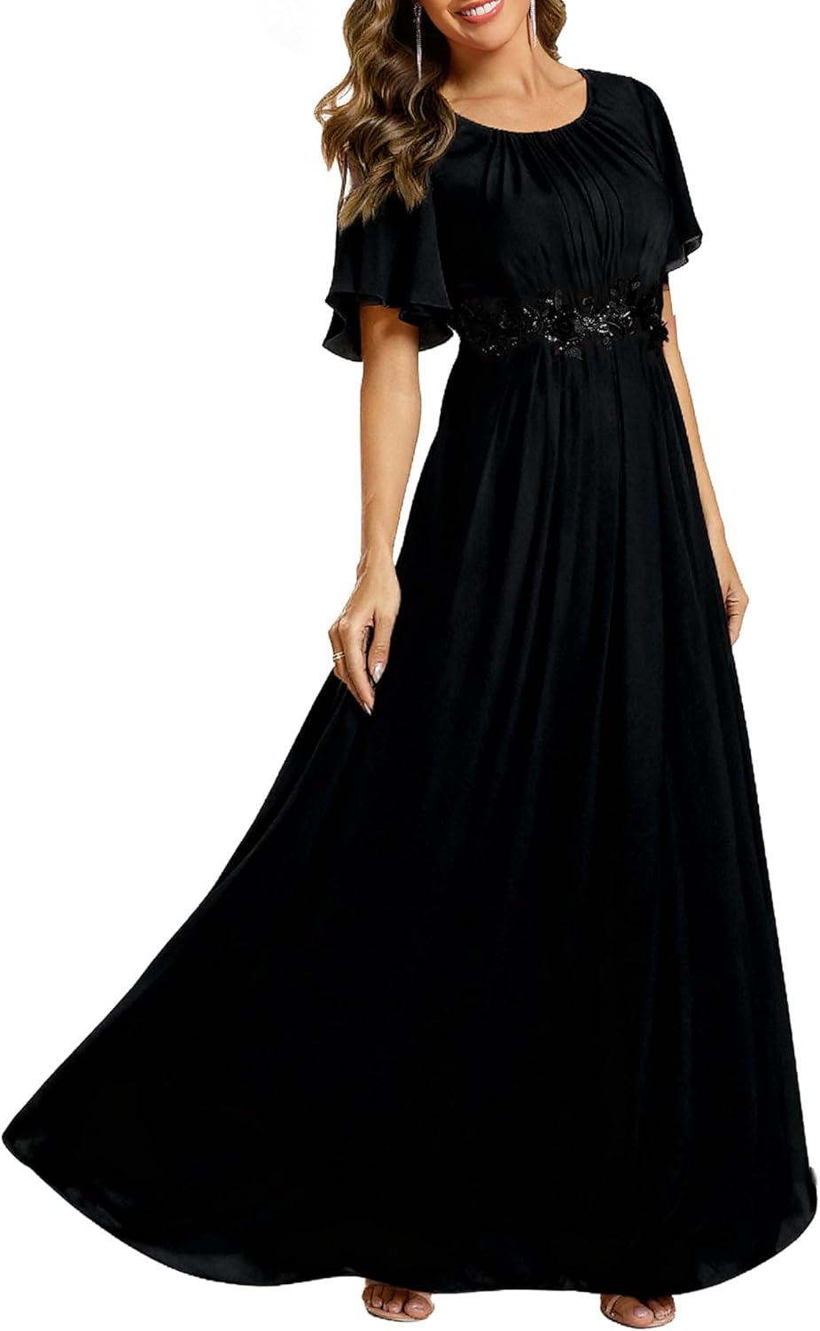 Elegant Chiffon Evening Dress with Floral Appliques and Ruffles