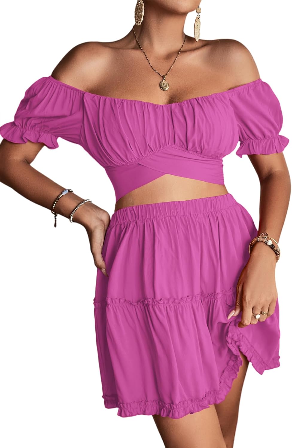 LYANER Women's Floral Off Shoulder Crop Top and Mini Skirt Set