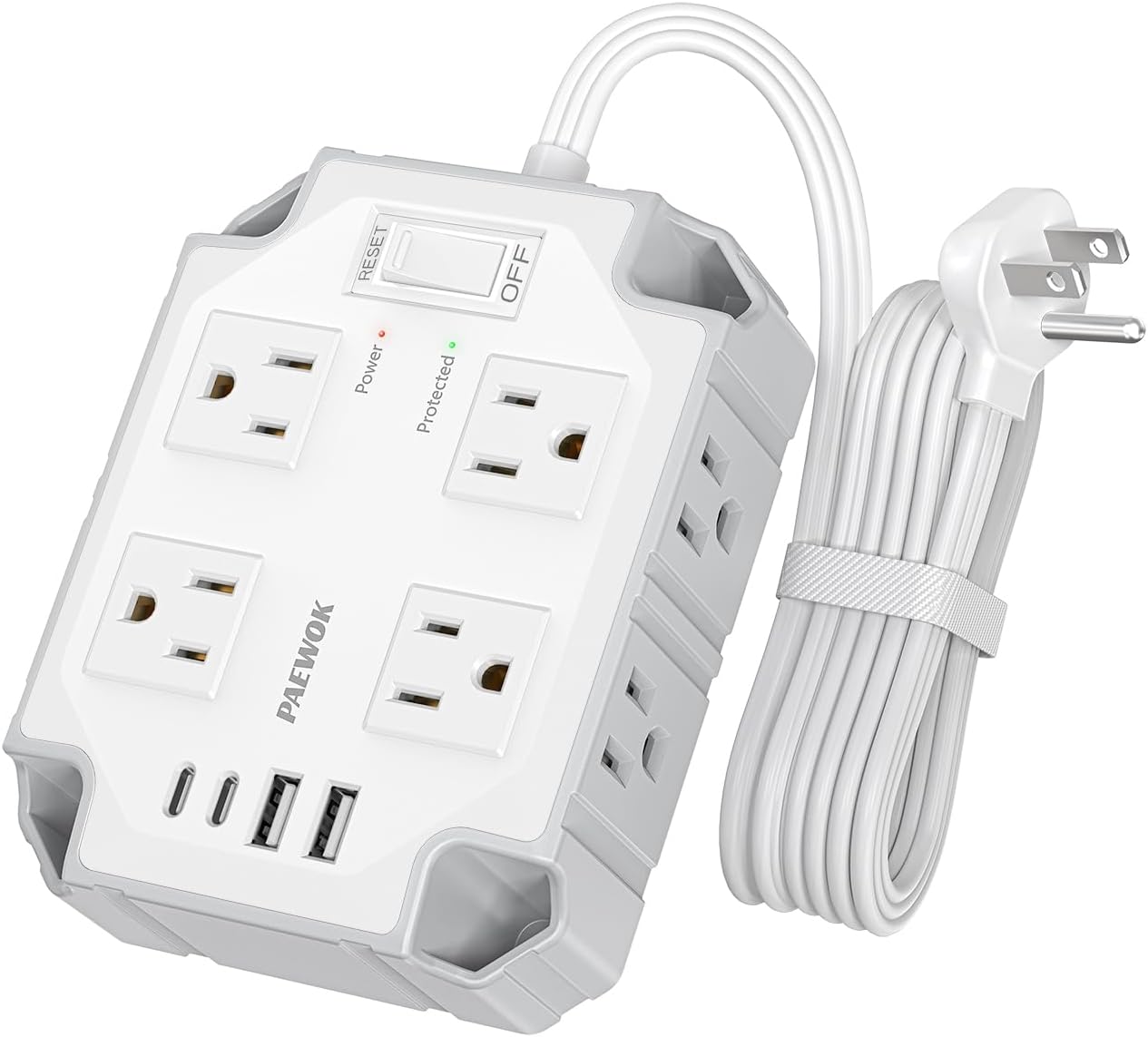PAEWOK Surge Protector Power Strip: 8 Outlets, 4 USB, Flat Thin Design