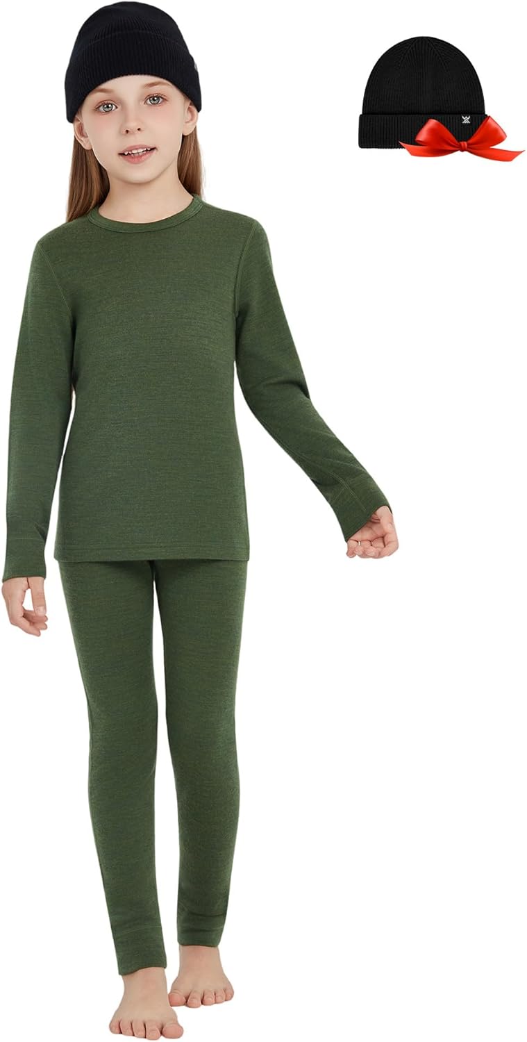 Unisex Kids' Merino Wool Base Layer Sets with Beanie Gift Pack