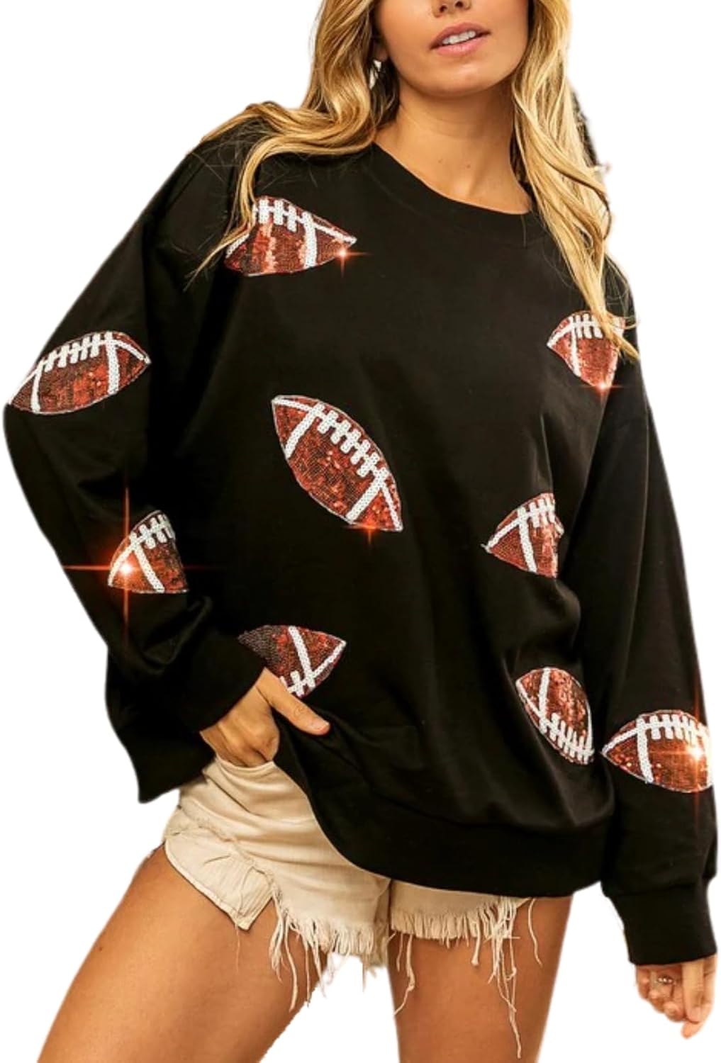 Womens Sparkle Football Sequin Rugby Sweatshirt for Game Day