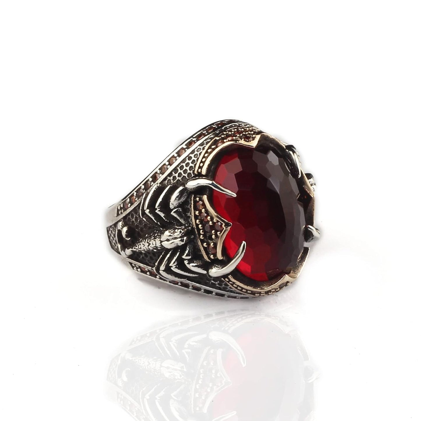 925 Sterling Silver Mens Ring with Garnet Scorpion Design