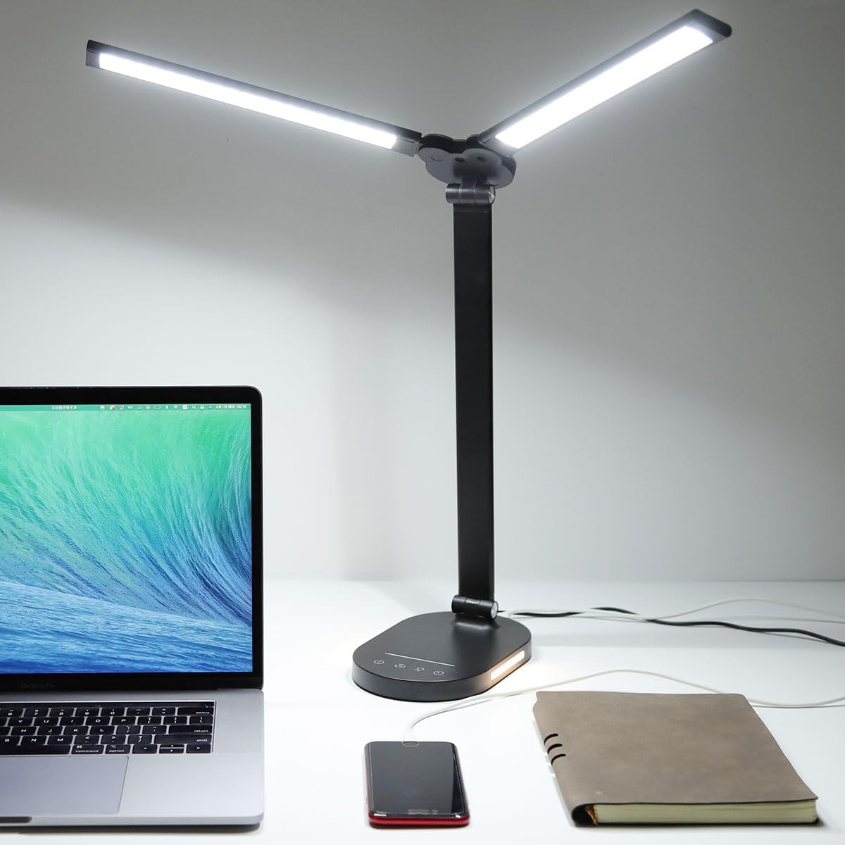 14W Swing Arm LED Desk Lamp: Eye-Caring & USB Charging