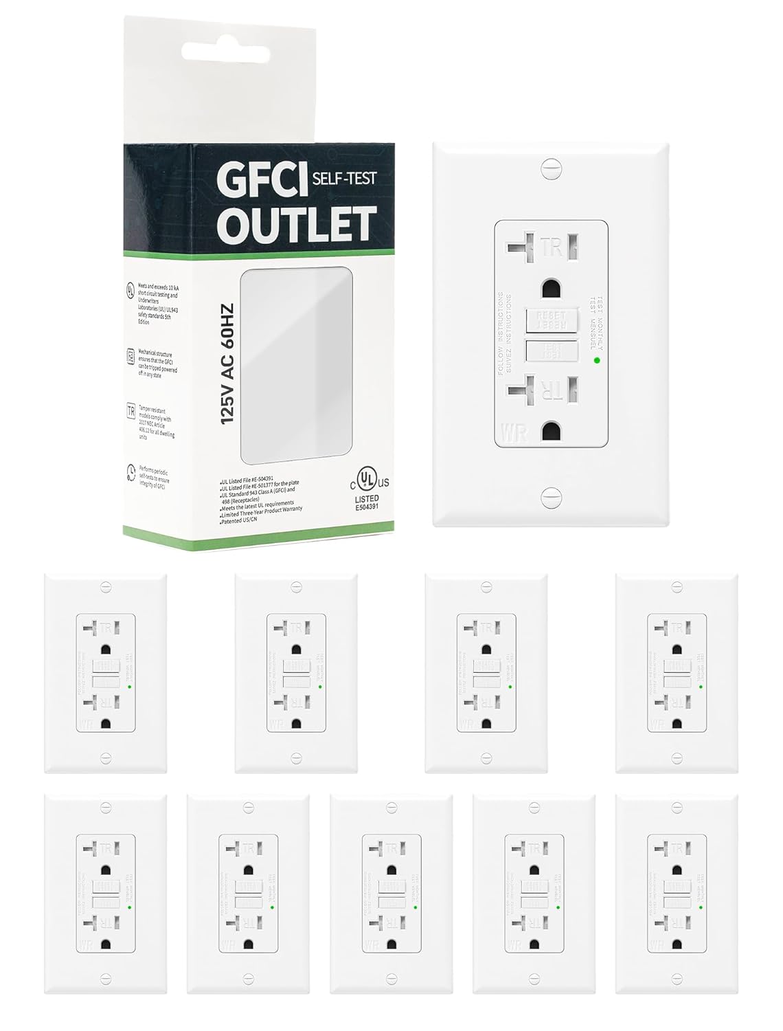10-Pack 20 Amp GFI Electrical GFCI Outlet with LED Indicator