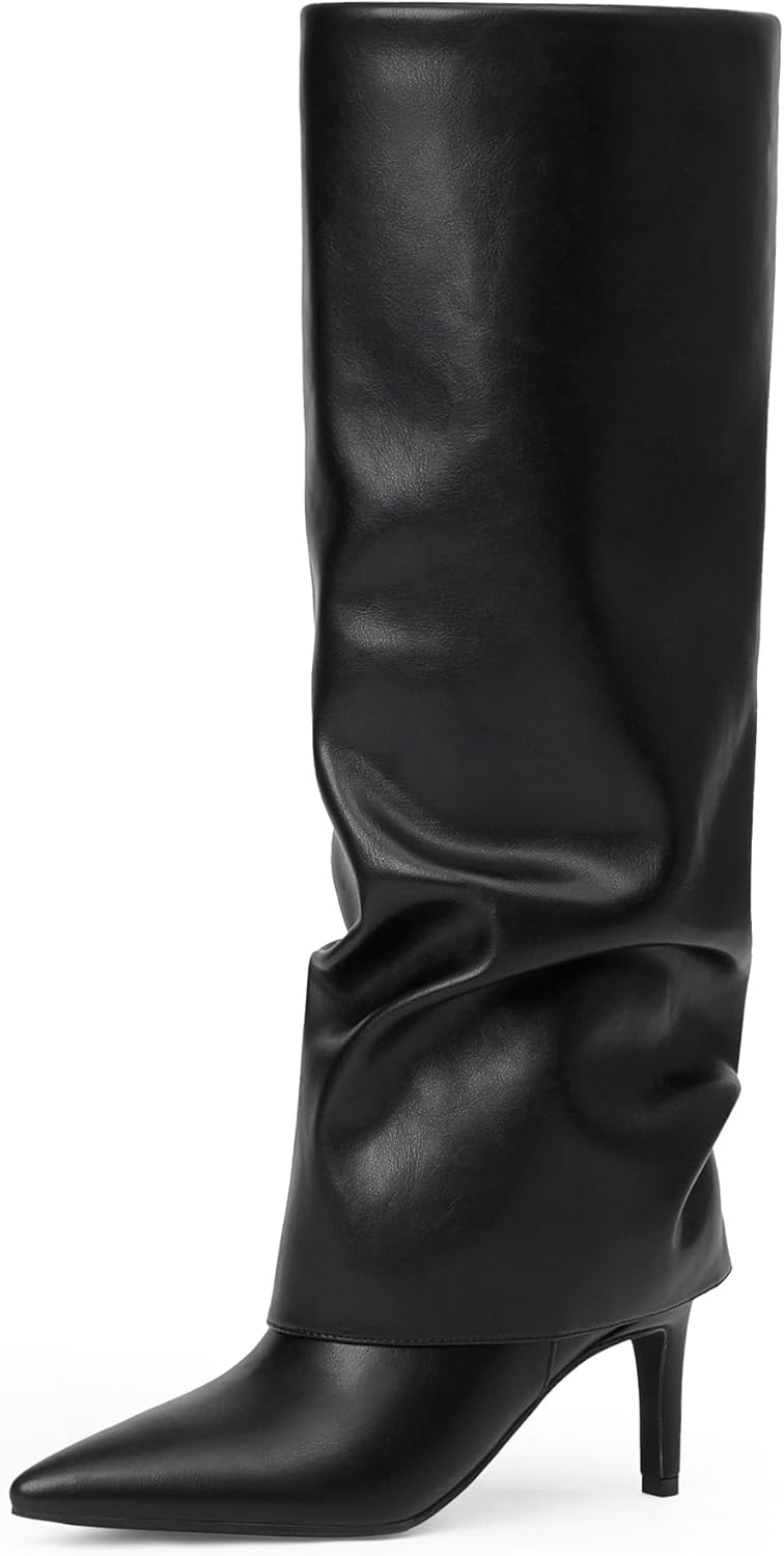 Knee High Boots Women Fold Over Stiletto Heel Long Shark Style