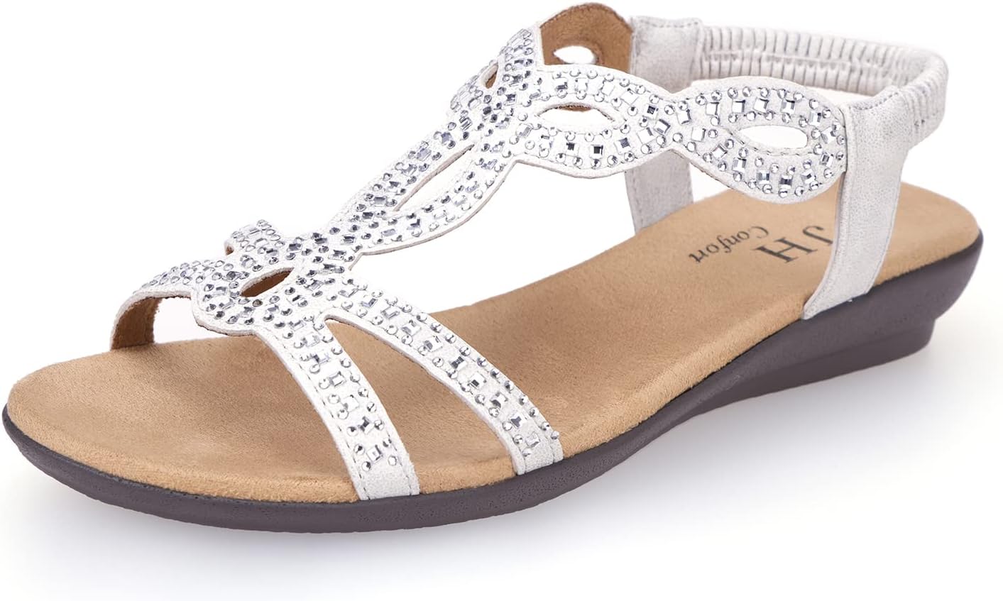 VJH confort Womens Flat Sandals with Rhinestone Open Toe Design