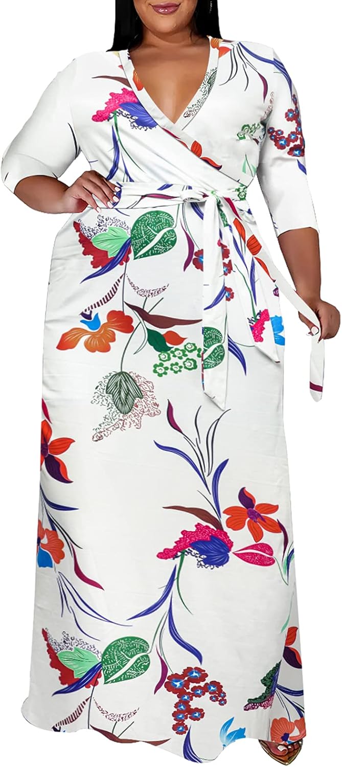 Floral Maxi Dress for Women with Belt - Plus Size Elegance