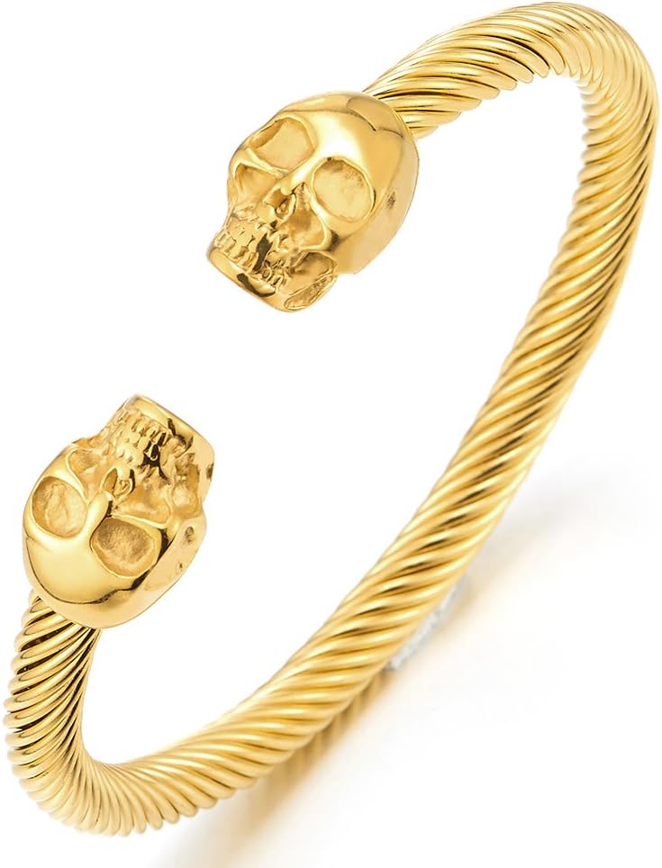 Adjustable Skull Bangle Bracelet - Polished Steel