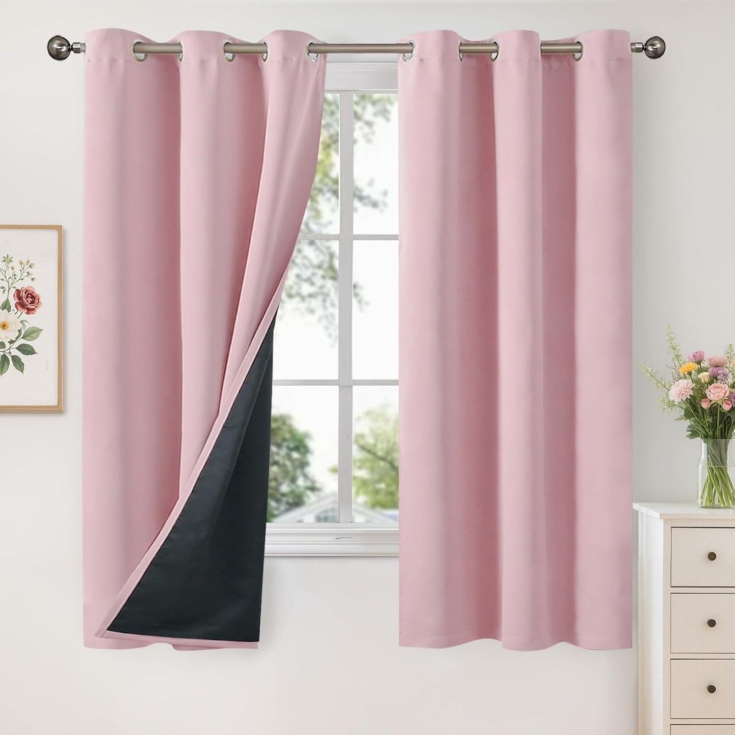 YoungsTex 100% Blackout Curtains for Kids Room, Baby Pink