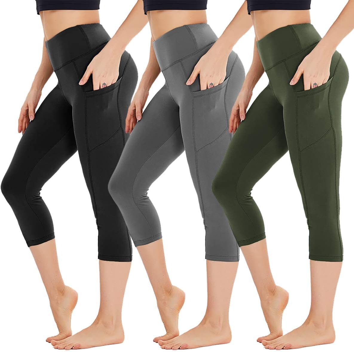 HIGHDAYS Capri Leggings for Women with Pockets - 3 Pack