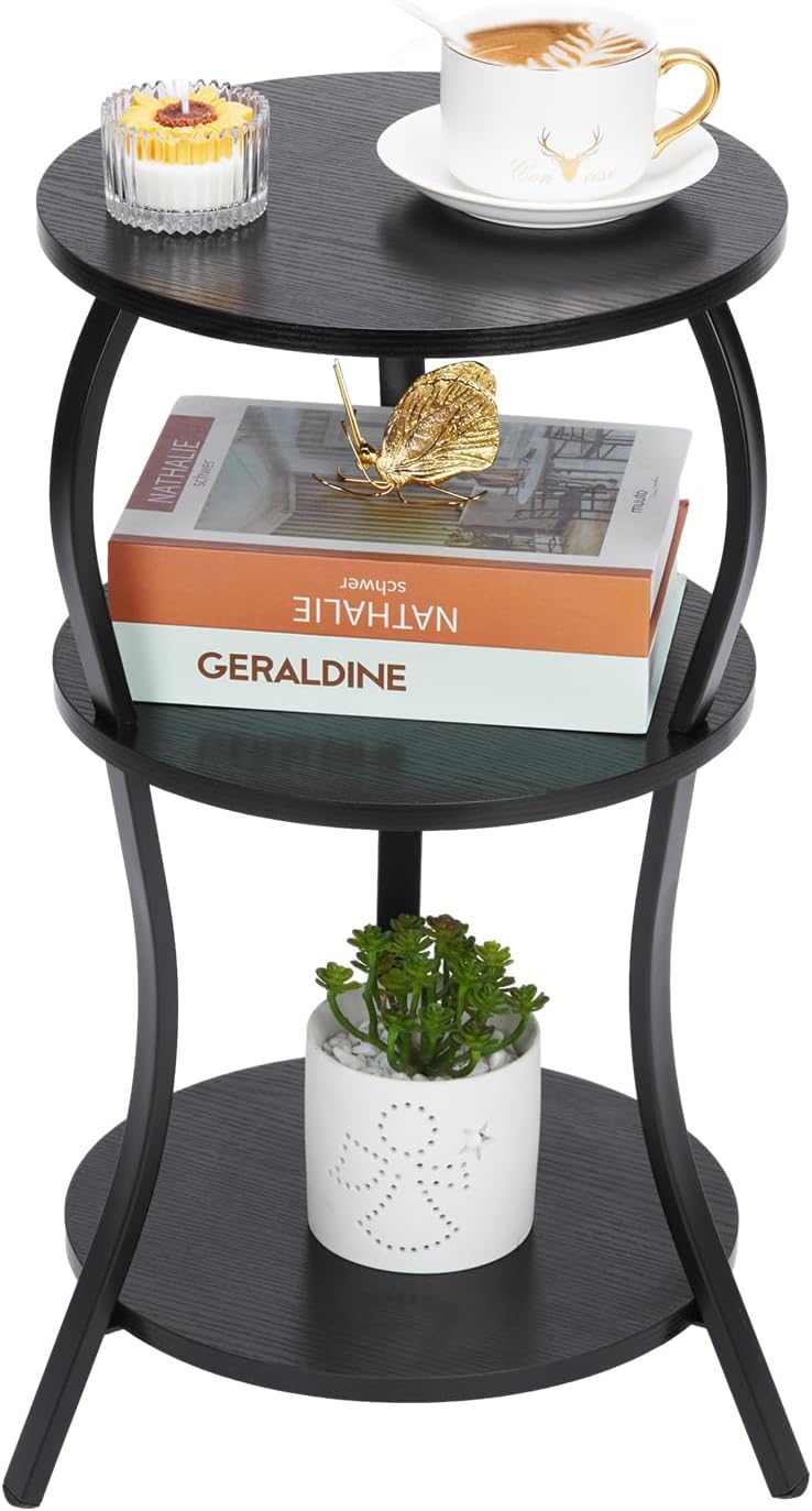 Vintage Small Round Side Table with 3-Tier Storage for Small Spaces