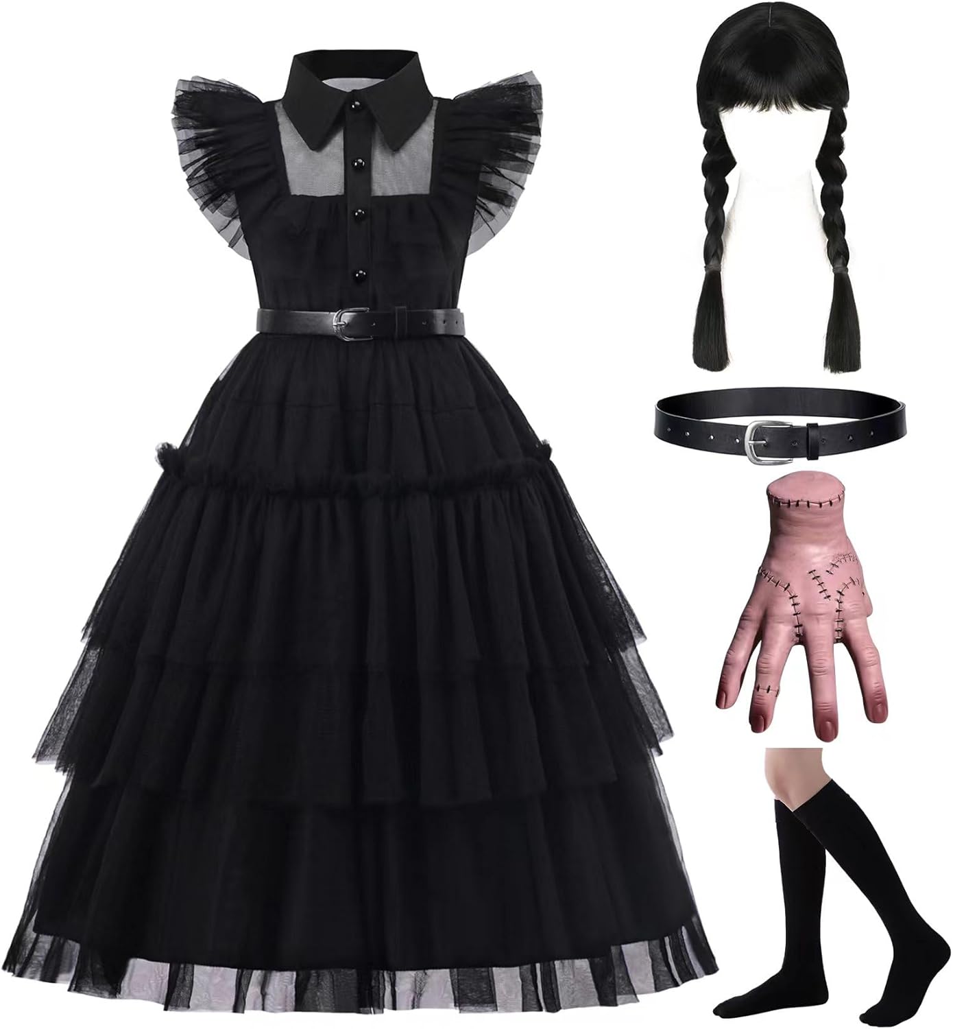 Black Costume Dress for Girls 4-13 Years with Accessories Set