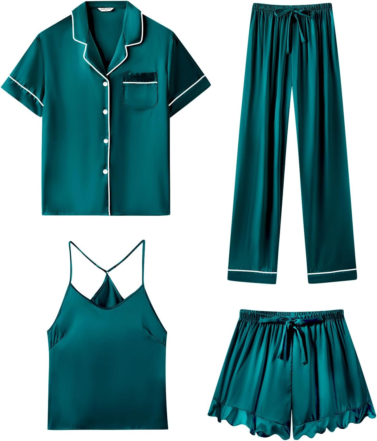 Luxurious Silk Pajamas Set for Women - 4Pcs Ruffled Satin Set