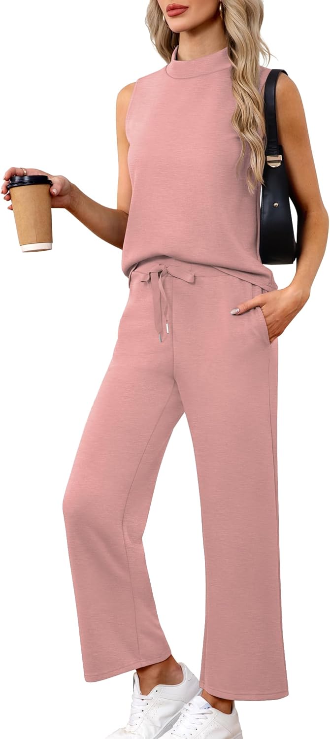 Women's Summer 2 Piece Outfits Mock Neck Tank Top Lounge Set