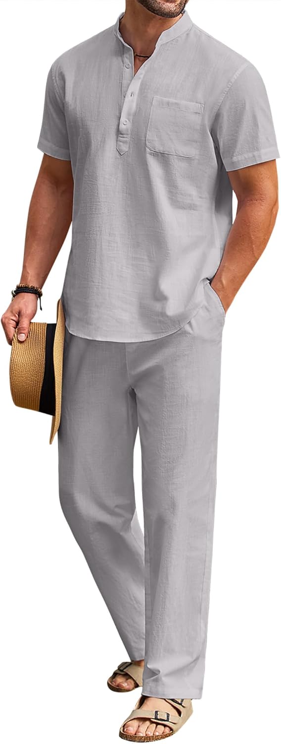 COOFANDY Men's Cotton Linen Set for Summer Beach Outfits