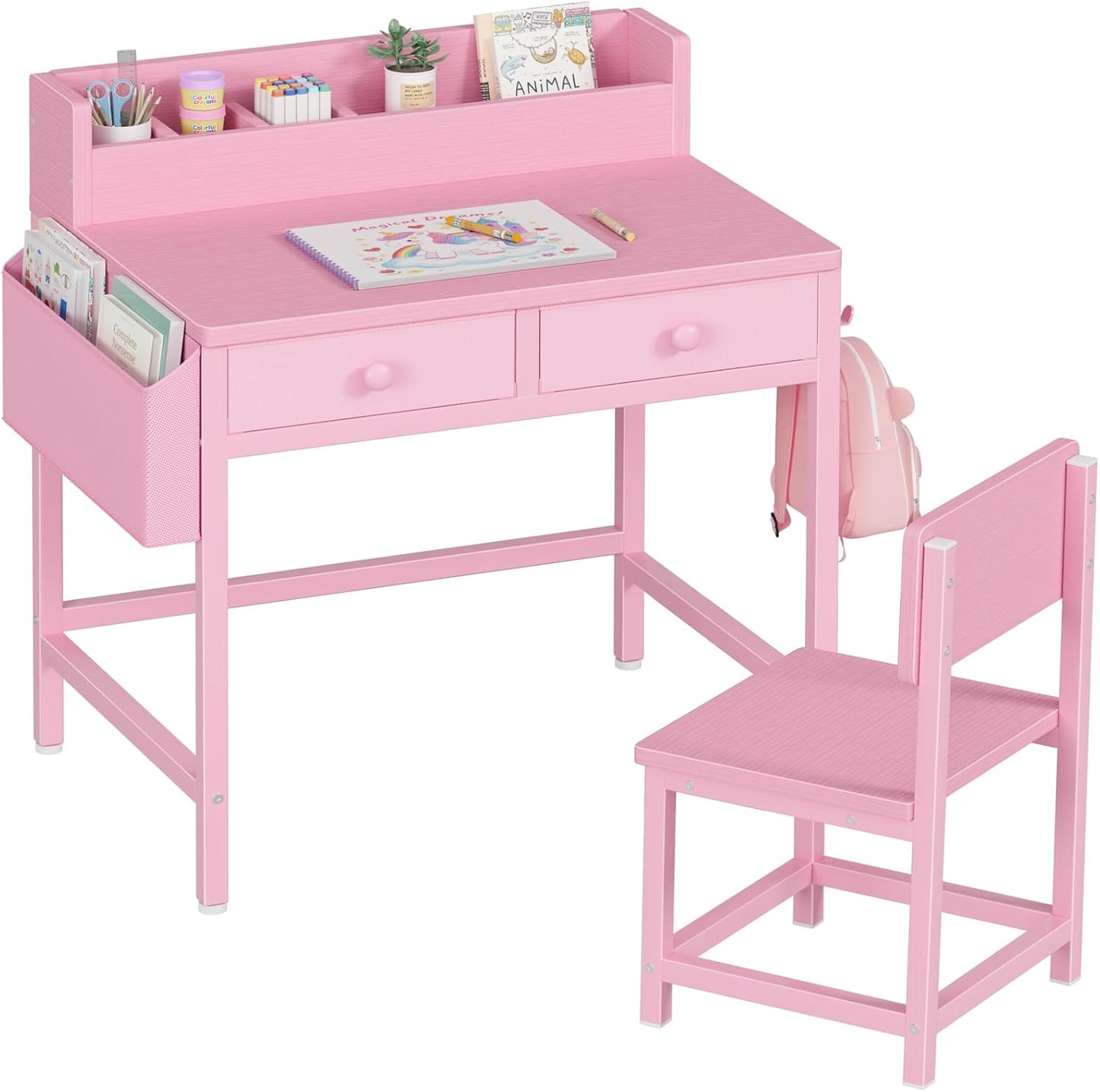 BOLUO Pink Kids Desk and Chair Set for Small Spaces and Storage