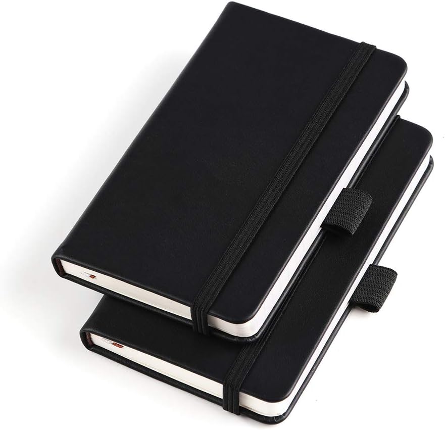 Compact Mini Leather Pocket Notebooks (2-Pack), Pen Holder, Ribbons, Pockets