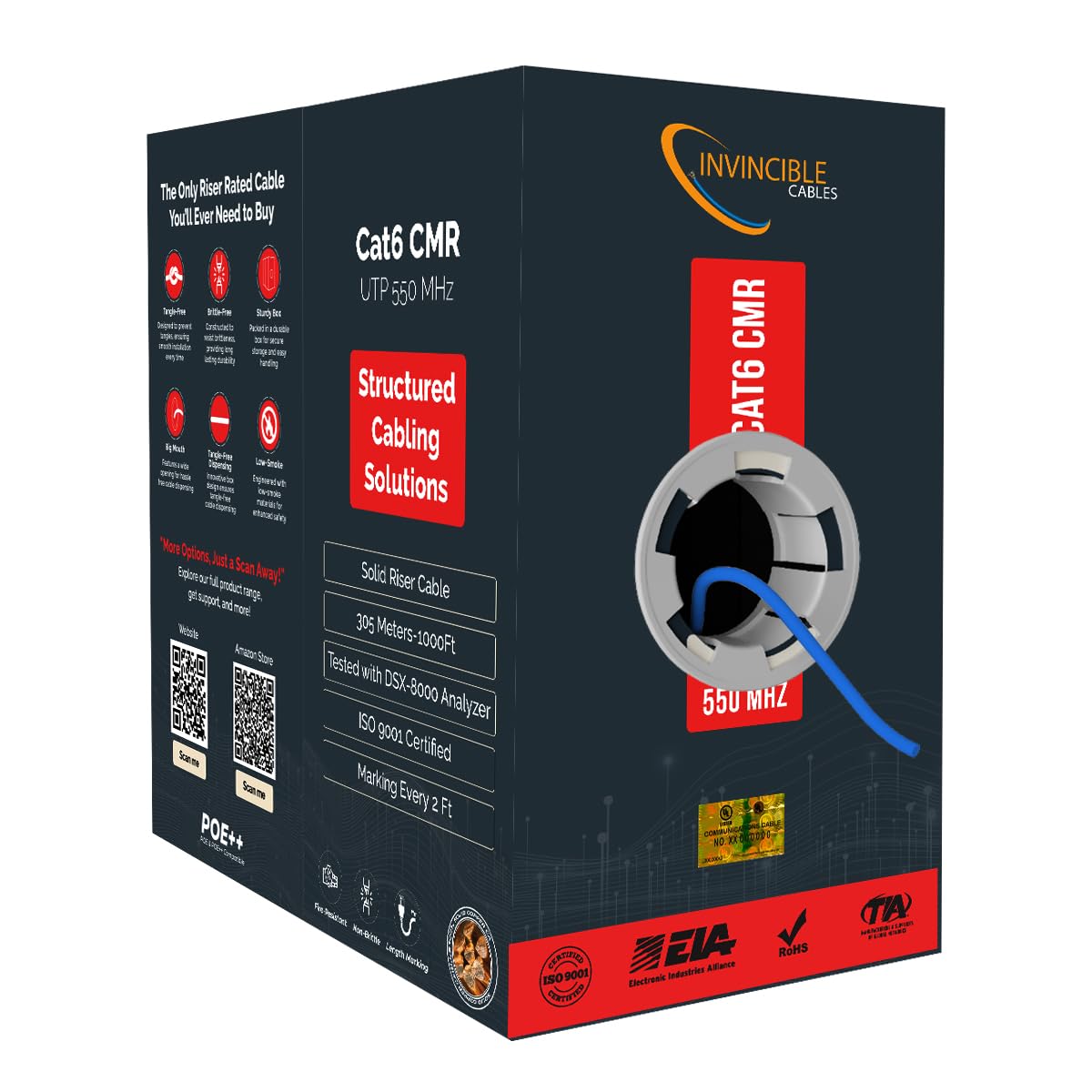 Cat6 Riser Cable 1000ft - Solid Copper, 550 MHz, PoE++ Ready