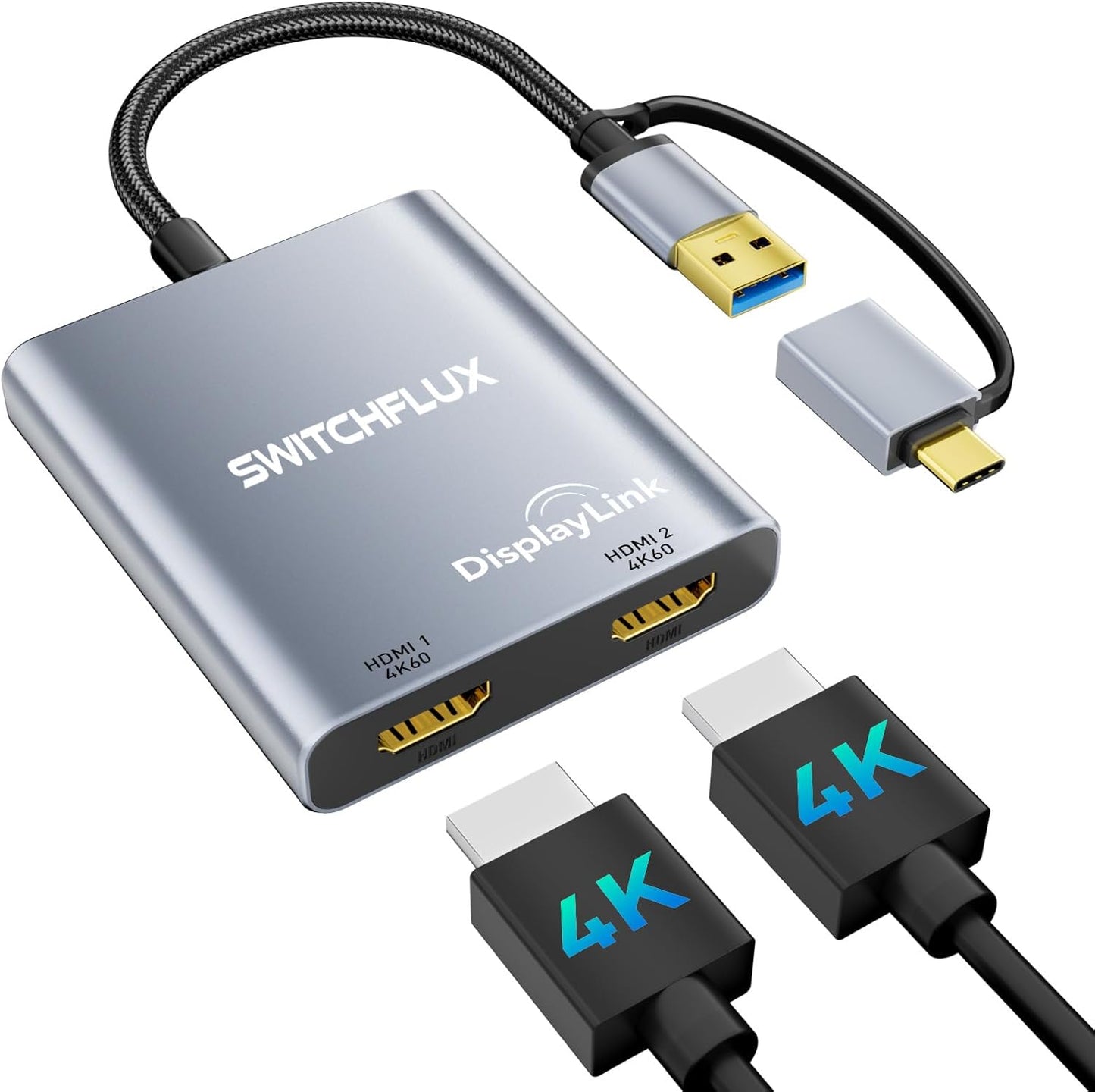 USB C to Dual HDMI Adapter by SWITCHFLUX for Mac & Windows