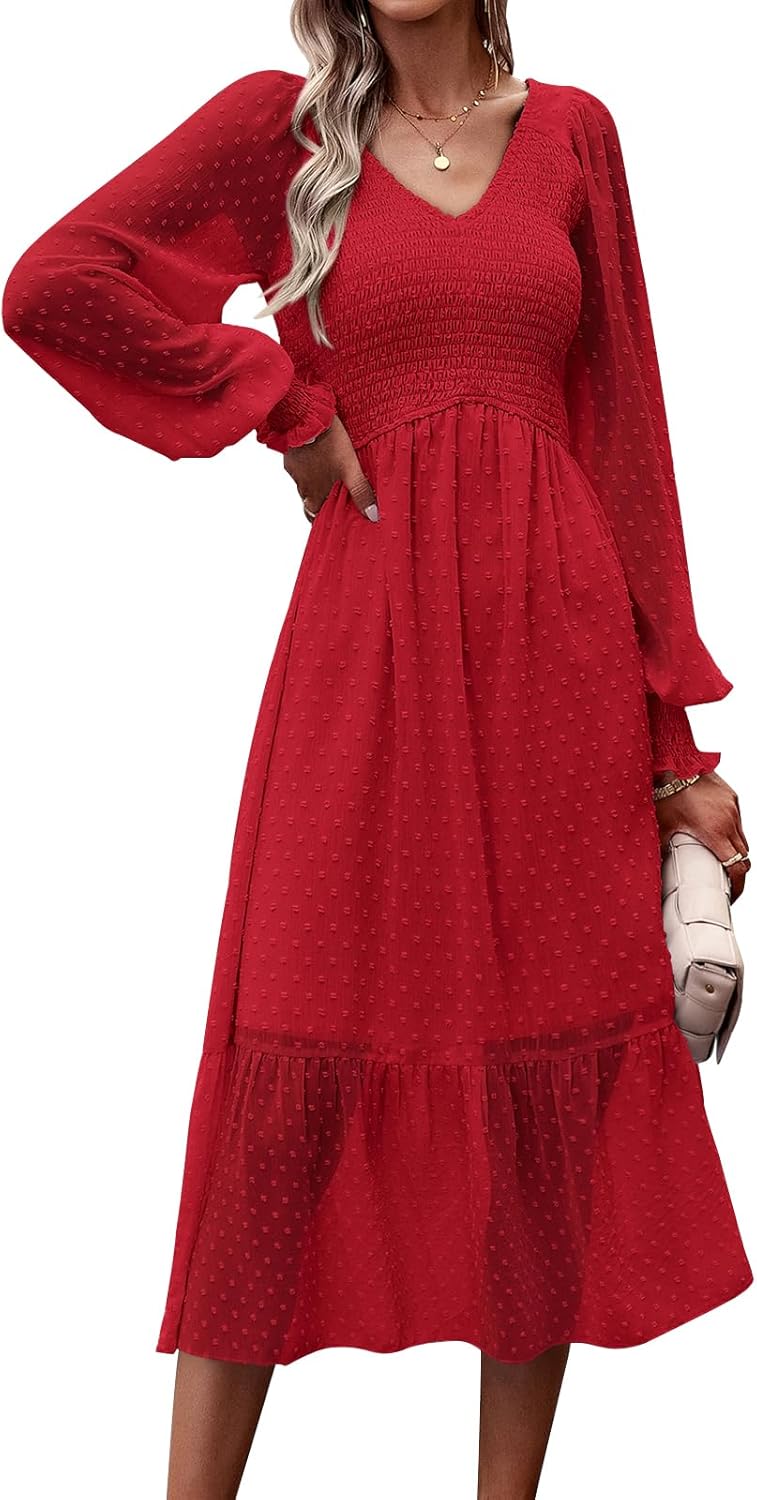 PRETTYGARDEN Women's Fall Dresses 2025 Long Sleeve V Neck Chiffon