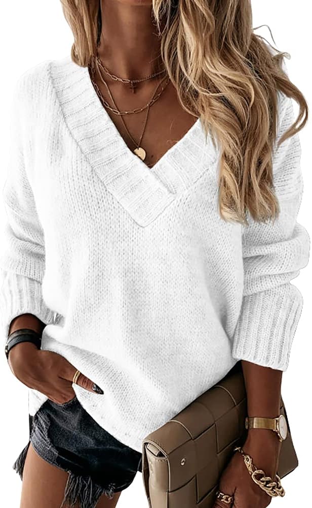 Womens Loose Sweaters V Neck Long Sleeve Knitted Pullover Tops