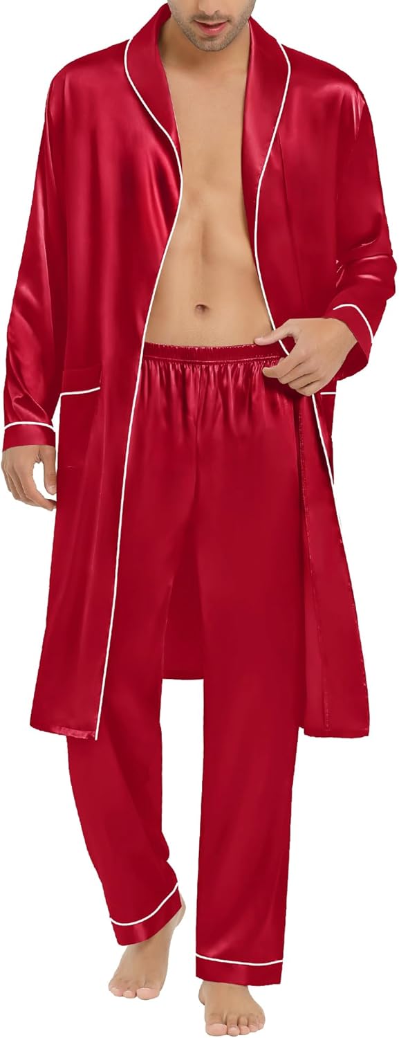 SWOMOG Men's Satin Robe Silky Kimono Bathrobe with Shorts Set